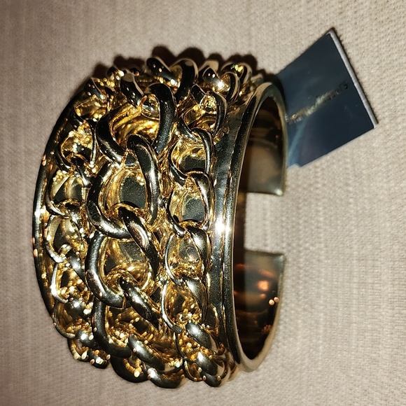 New Fashion Accents Gold Cuff with Chain Embellishments - Picture 4 of 8